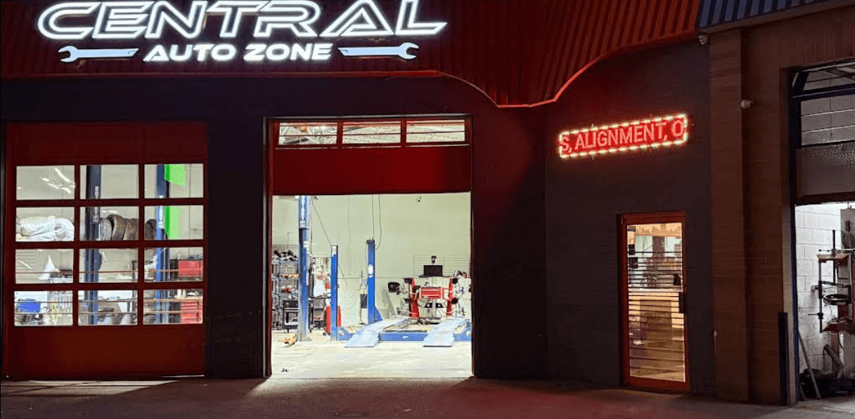 Central Auto Zone's storefront at night, International Avenue, Forest Lawn, Calgary
